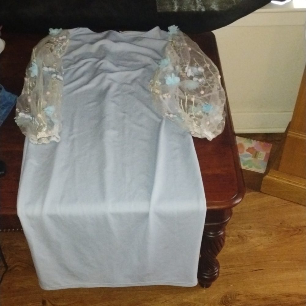 Elegant Light Blue Dress with Sheer Floral Sleeves